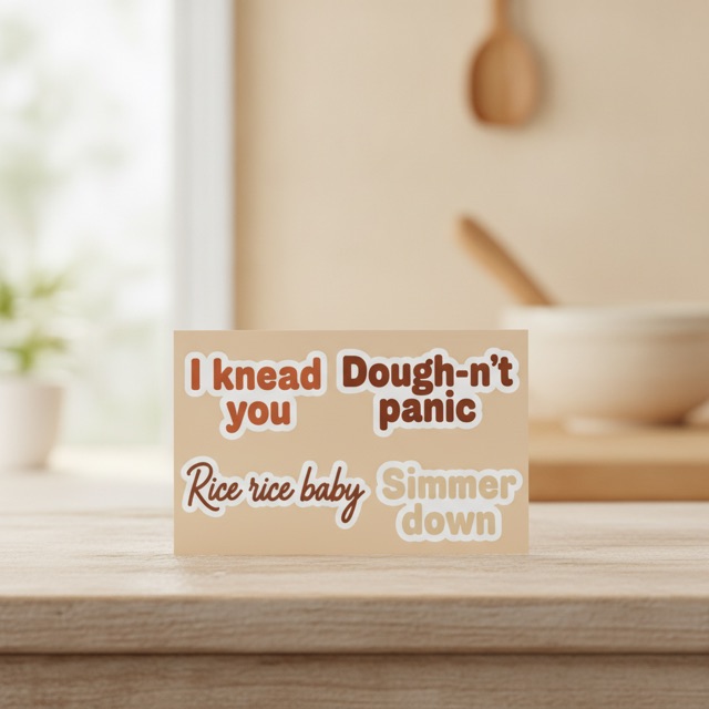 Pun Sticker Sheet with “I knead you, Dough-n’t panic, Rice rice baby, Simmer down”